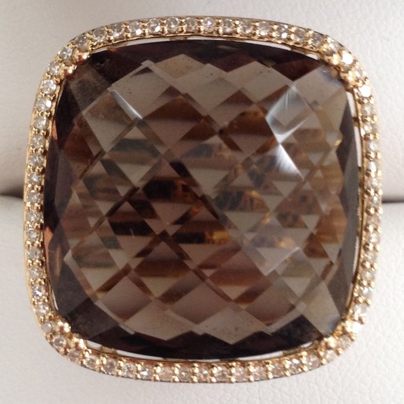 Excellent Cond Dabakarov 21 TCW Smoky Quartz Diamond Ring 14K Yellow Gold SZ 6.5 - Picture 1 of 10